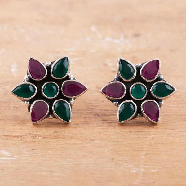 Alternate image for Pink and Green Onyx Sterling Silver Floral Button Earrings Fabulous Harmony