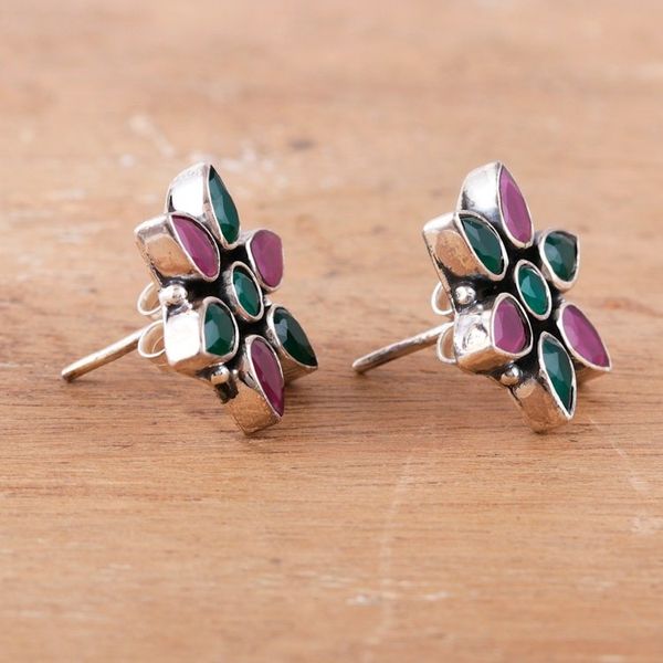 Alternate image for Pink and Green Onyx Sterling Silver Floral Button Earrings Fabulous Harmony