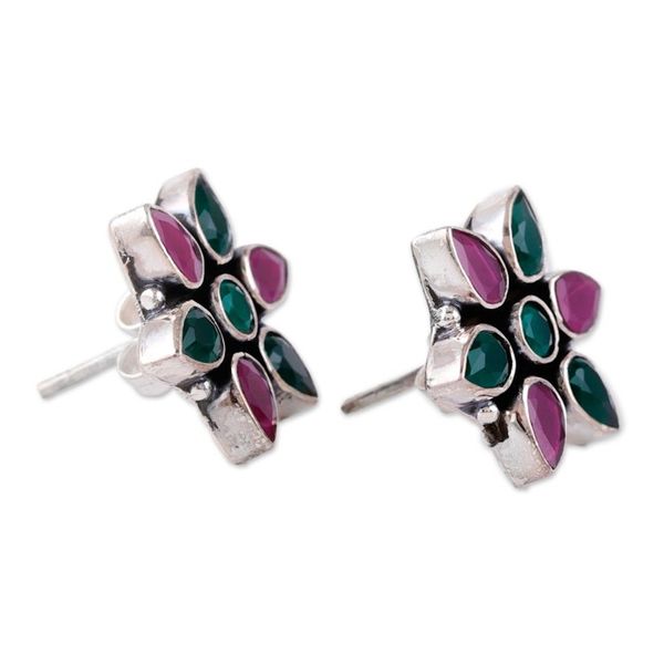 Alternate image for Pink and Green Onyx Sterling Silver Floral Button Earrings Fabulous Harmony