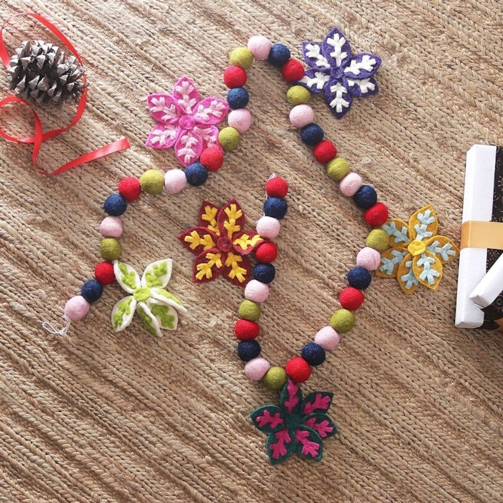 Snowflake-Themed Colorful Wool Felt Garland Made in India 'Snowflake Party'