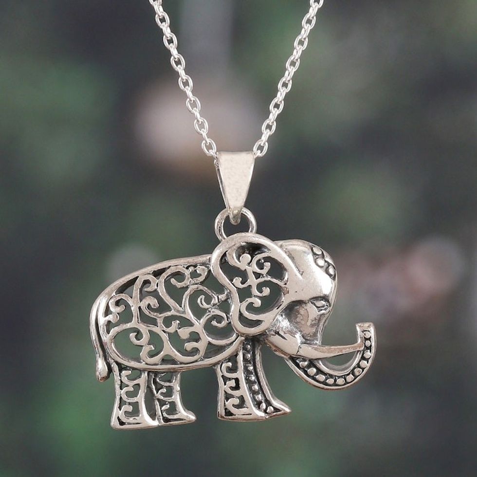 Elephant-Shaped Sterling Silver Pendant Necklace from India 'Fortunate Soul'