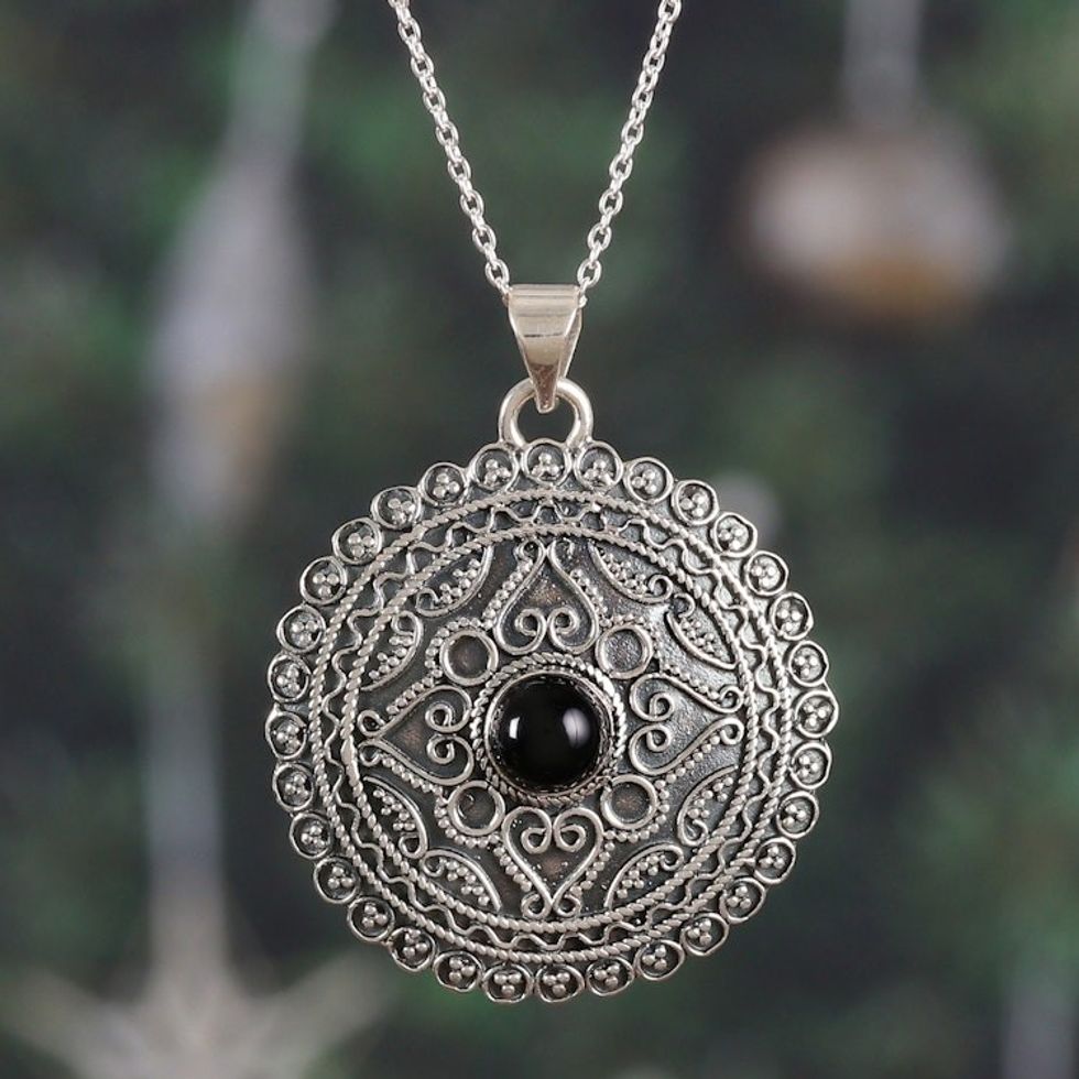 Sterling Silver Pendant Necklace with Black Onyx Stone 'Love in Shadows'