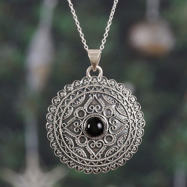 Alternate image for Sterling Silver Pendant Necklace with Black Onyx Stone Love in Shadows