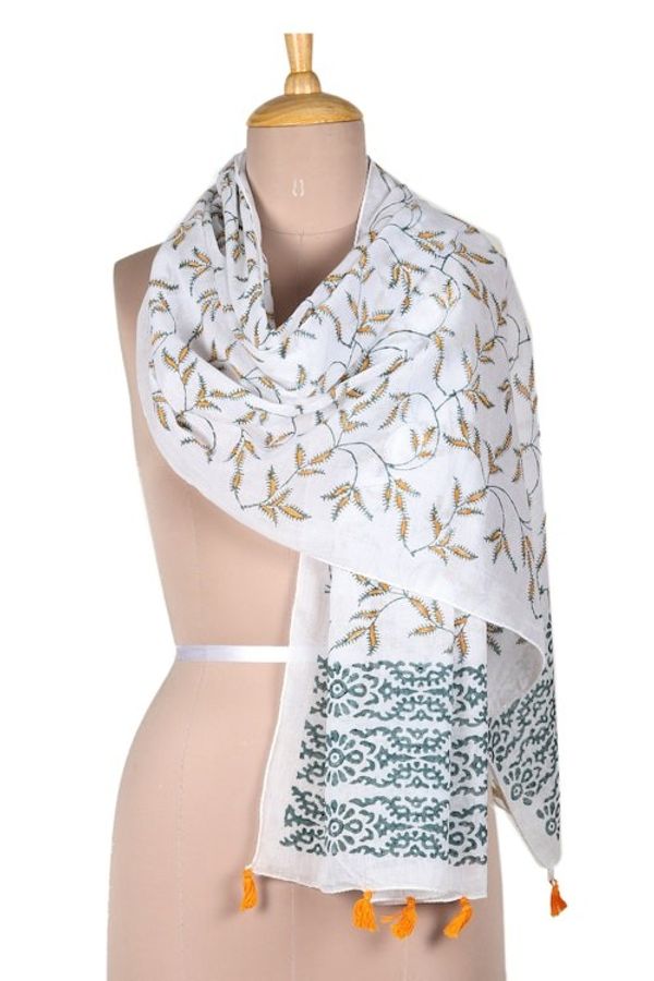 Alternate image for Block-Printed Cotton Shawl with Leafy and Floral Pattern Safron Vines