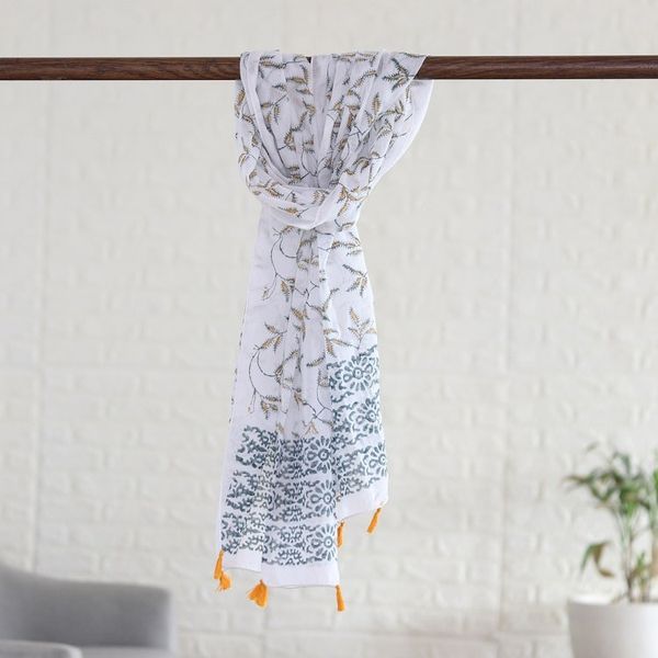 Alternate image for Block-Printed Cotton Shawl with Leafy and Floral Pattern Safron Vines