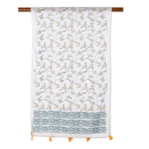 Alternate image for Block-Printed Cotton Shawl with Leafy and Floral Pattern Safron Vines