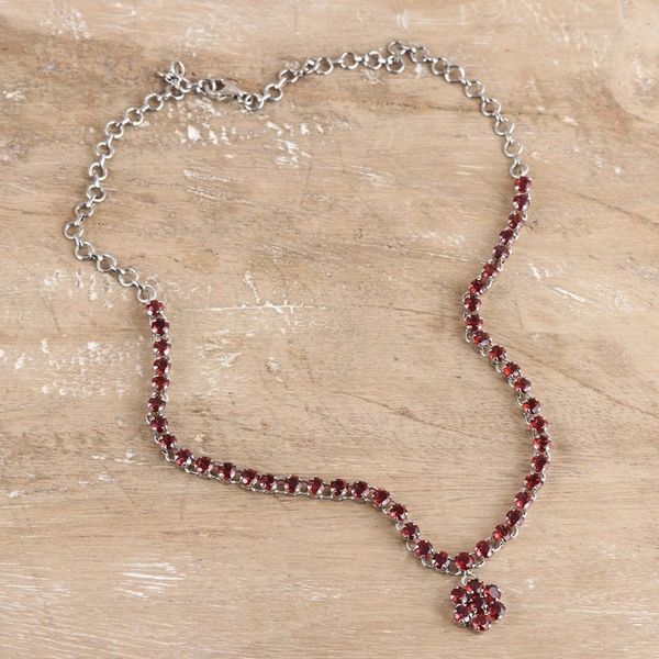 Alternate image for Rhodium-Plated Floral Pendant Necklace with Garnet Stones Passionate Soul
