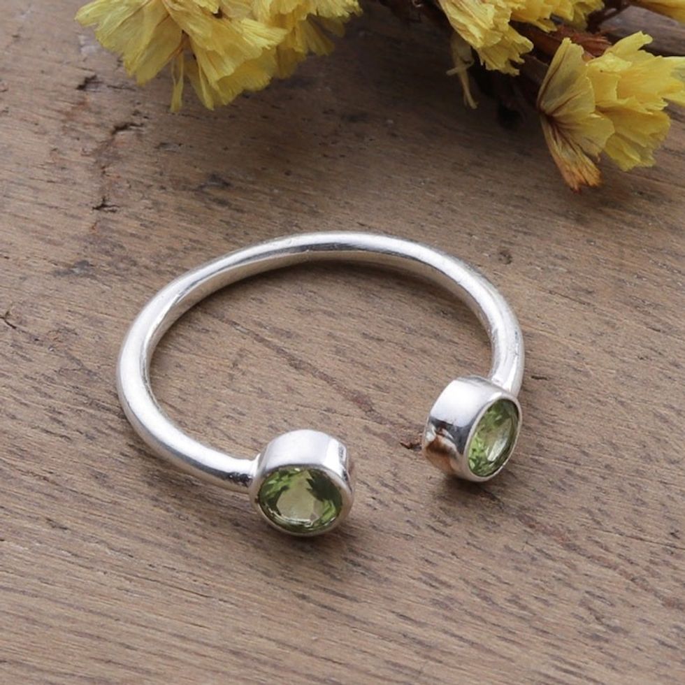 Polished Sterling Silver Wrap Ring with 2 Peridot Stones 'Trendy Gleam'