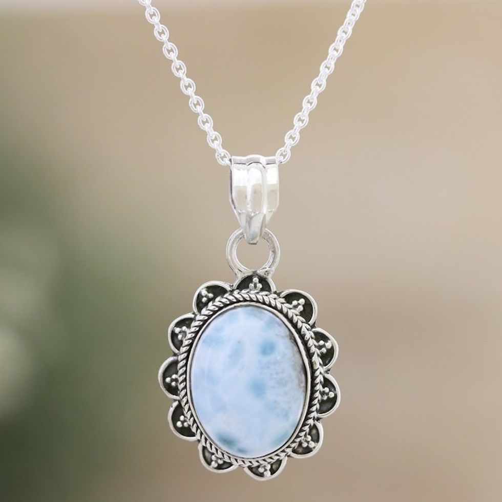 Sterling Silver Pendant Necklace with Larimar Gemstone 'Peace Maiden'