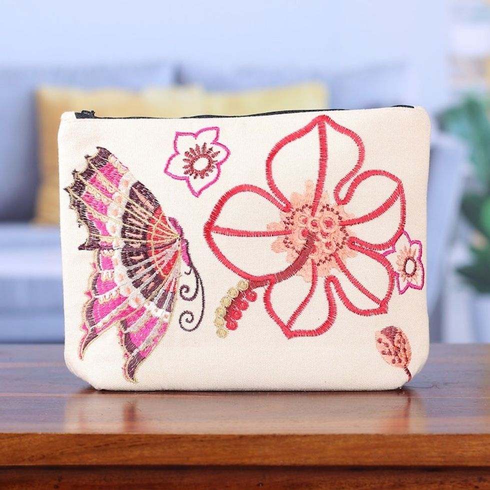 Embroidered Butterfly and Floral-Themed Cotton Cosmetic Bag 'Butterfly Connection'