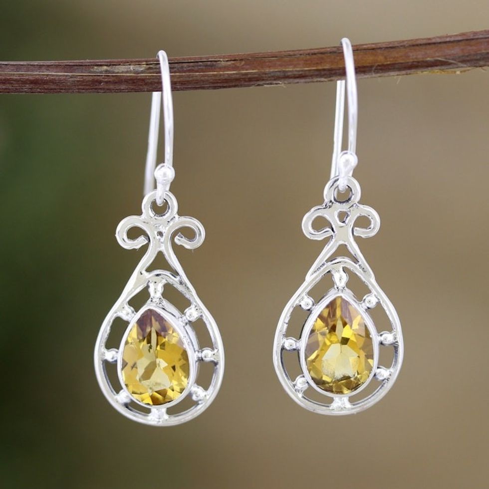 Faceted 4-Carat Citrine Dangle Earrings Crafted in India 'Prosperous Essence'