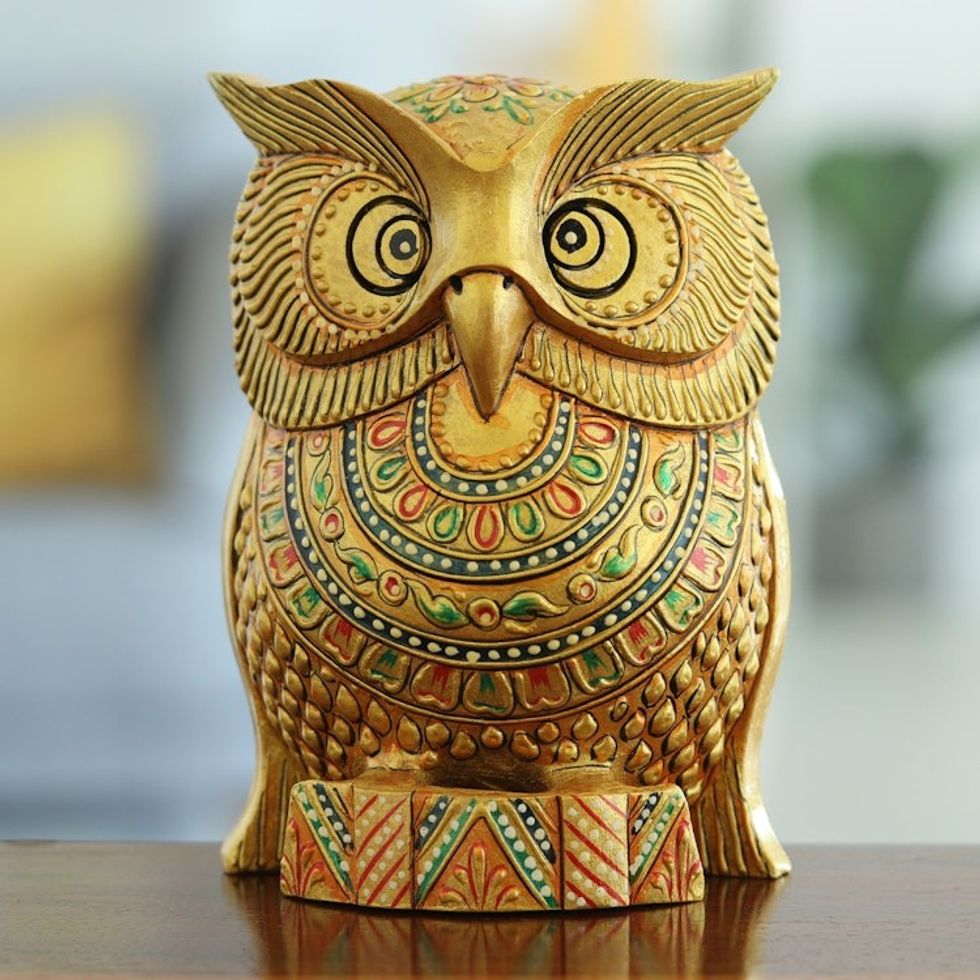 Traditional Painted Kadam Wood Magnet of a Golden Owl 'Golden Sage'