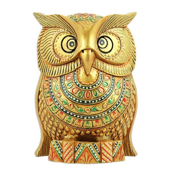 Alternate image for Traditional Painted Kadam Wood Magnet of a Golden Owl Golden Sage