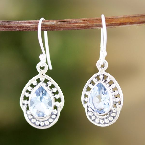 Alternate image for Sterling Silver Dangle Earrings with 4-Carat Blue Topaz Gems Loyalty Crowns