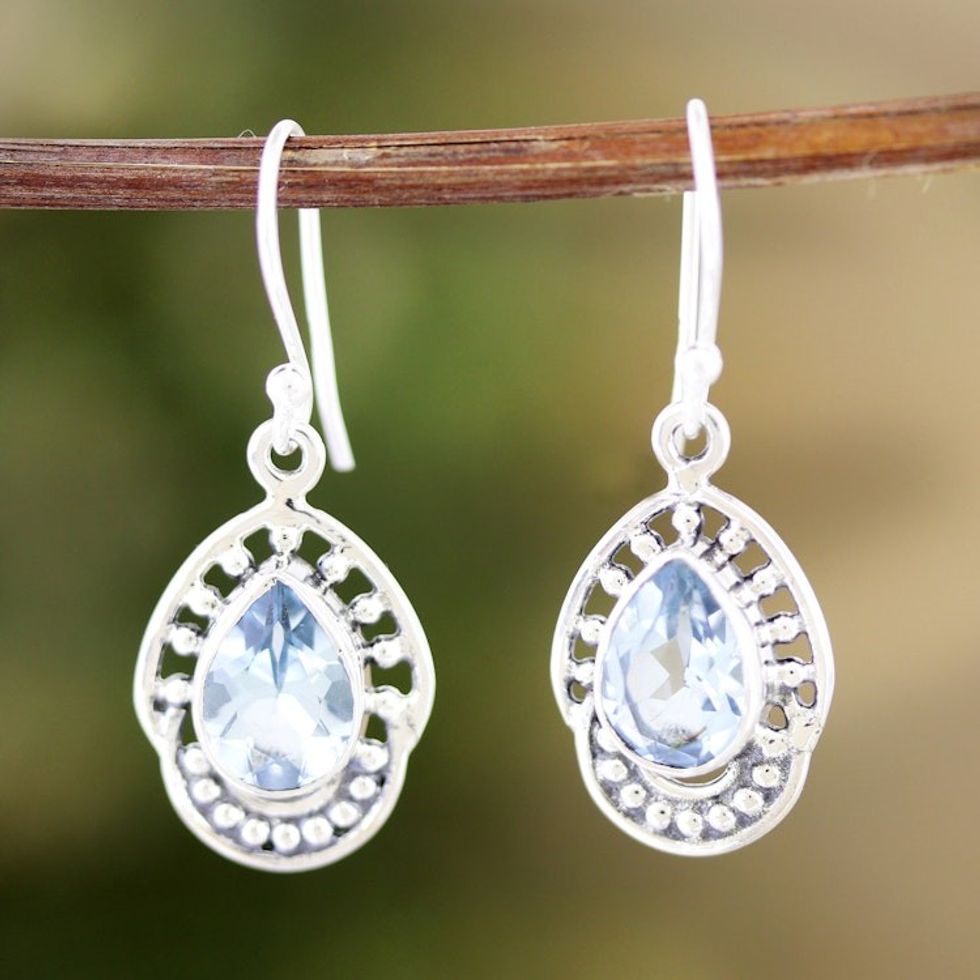 Sterling Silver Dangle Earrings with 4-Carat Blue Topaz Gems 'Loyalty Crowns'