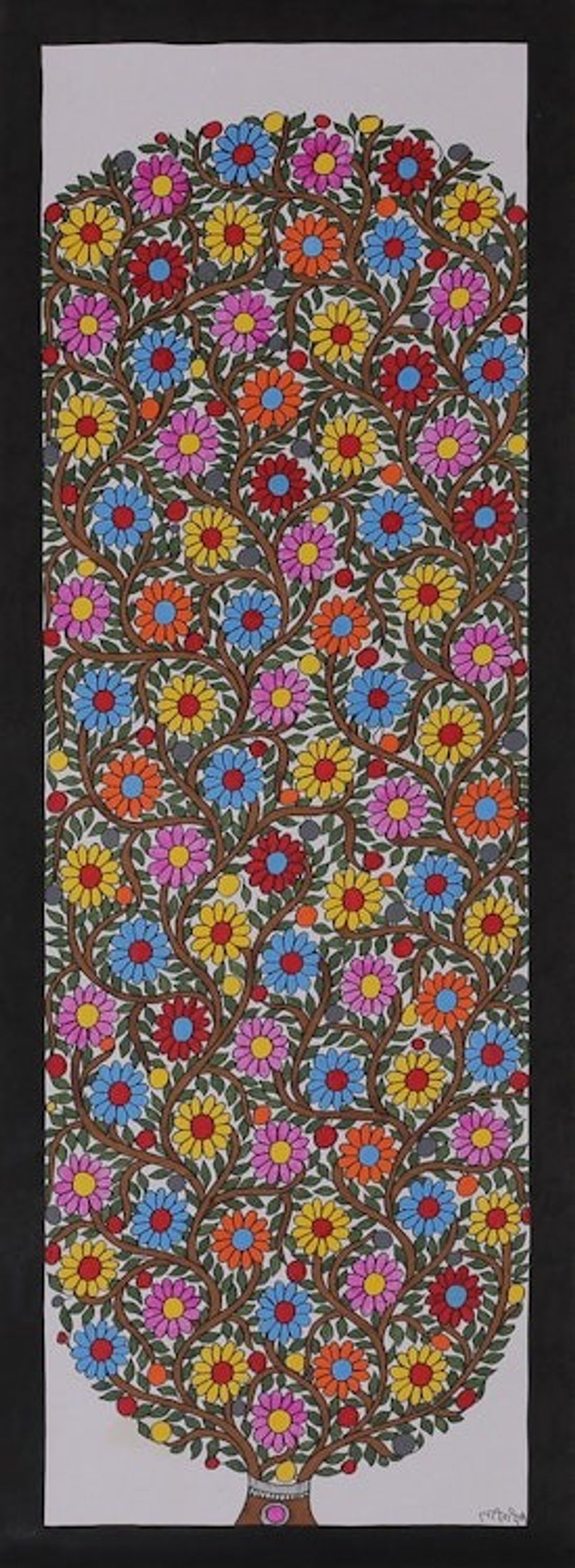 Signed Vegetable Dye Madhubani Painting of Floral Tree 'Infinite Blossoms'