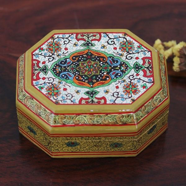 Alternate image for Handcrafted Geometric Papier Mache Decorative Box from India Srinagar Garden
