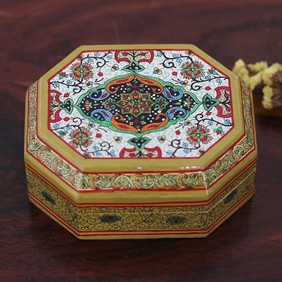 Handcrafted Geometric Papier Mache Decorative Box from India 'Srinagar Garden'