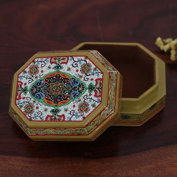 Alternate image for Handcrafted Geometric Papier Mache Decorative Box from India Srinagar Garden