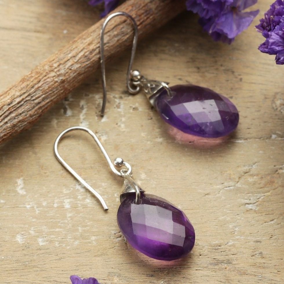 High-Polished Sterling Silver and Amethyst Dangle Earrings 'Sparkles of Purple'