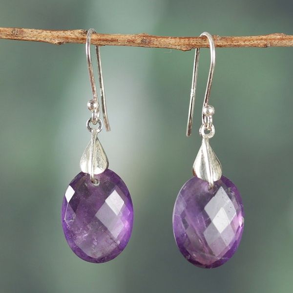 Alternate image for High-Polished Sterling Silver and Amethyst Dangle Earrings Sparkles of Purple