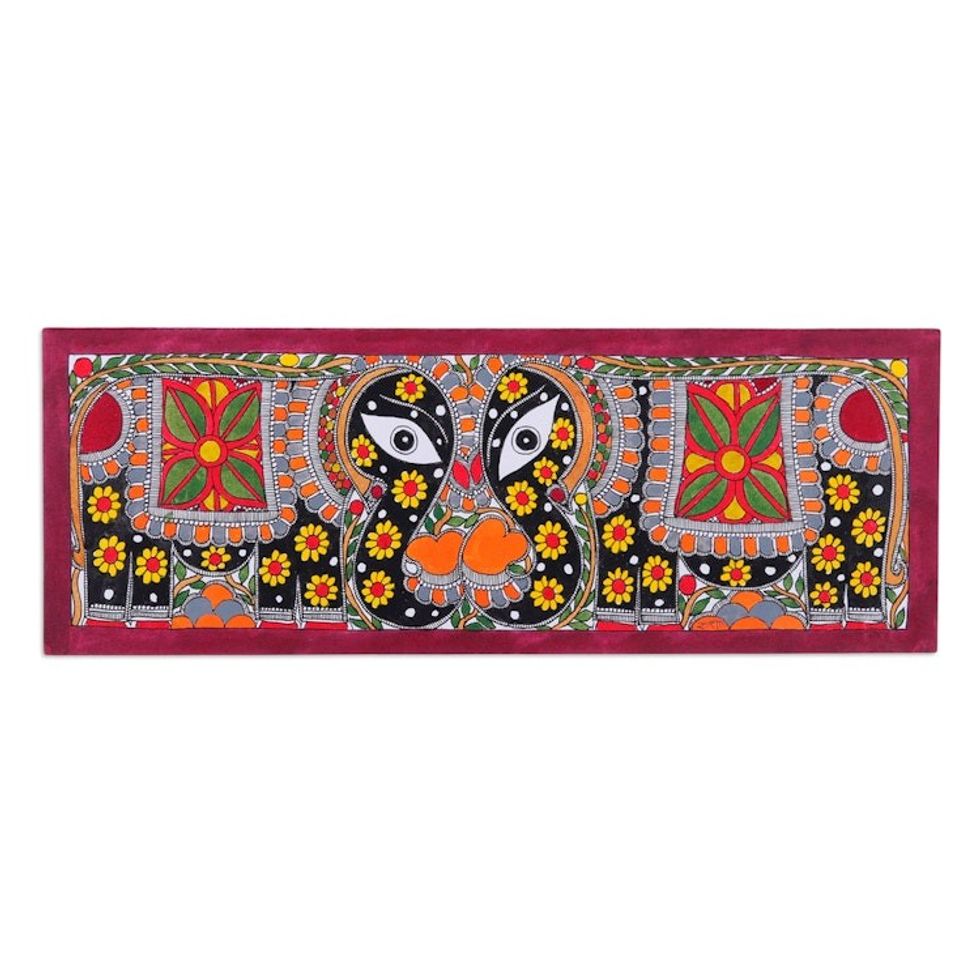 Elephant-Themed Traditional Vegetable Dye Madhubani Painting 'Graceful Encounters'