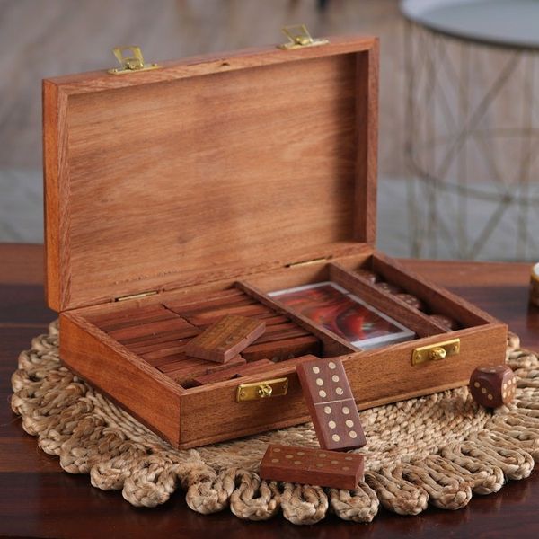 Alternate image for Handcrafted Acacia Wood and Brass Game Set from India Weekend Challenge