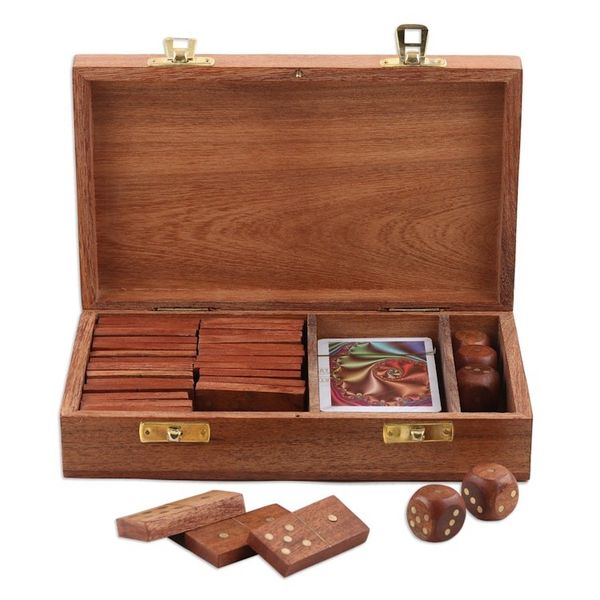 Alternate image for Handcrafted Acacia Wood and Brass Game Set from India Weekend Challenge