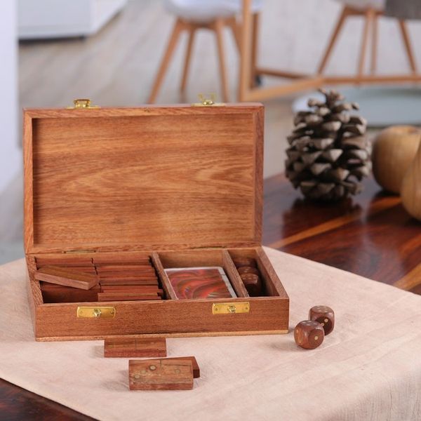 Alternate image for Handcrafted Acacia Wood and Brass Game Set from India Weekend Challenge