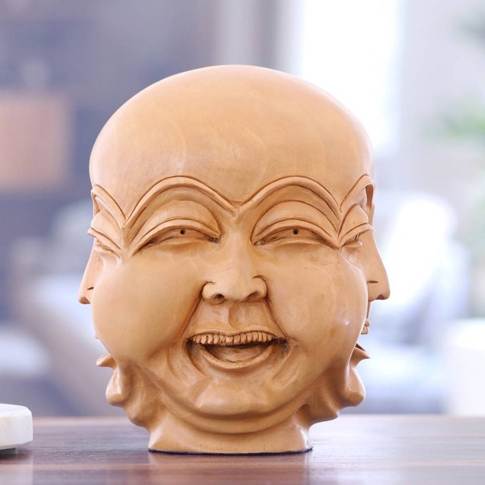 Hand-Carved Kadam Wood Sculpture of Laughing Man 'Joyful Facets'