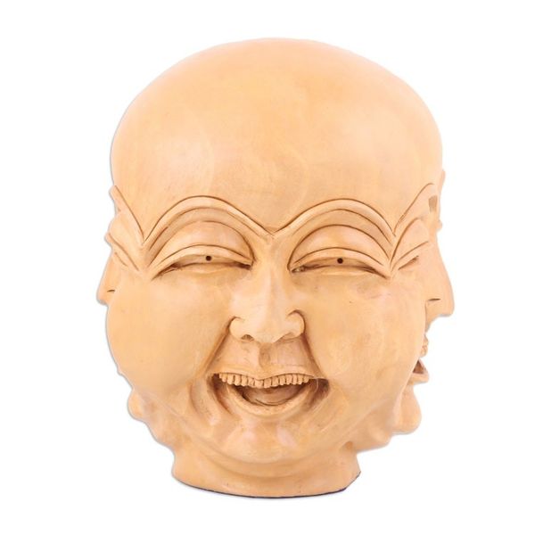 Alternate image for Hand-Carved Kadam Wood Sculpture of Laughing Man Joyful Facets