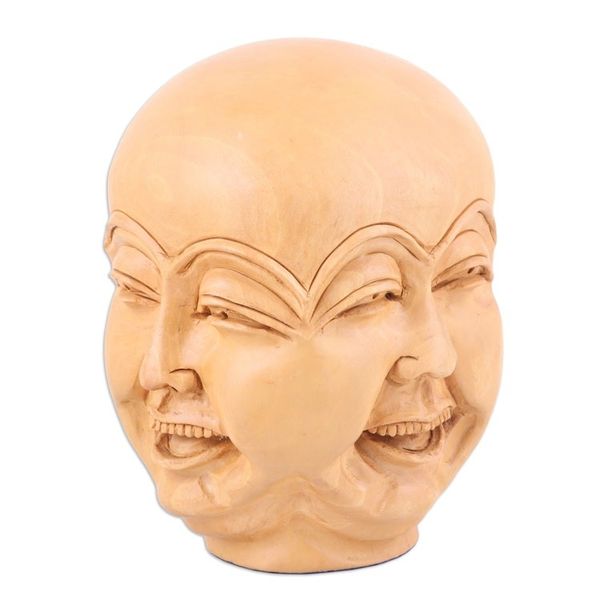 Alternate image for Hand-Carved Kadam Wood Sculpture of Laughing Man Joyful Facets