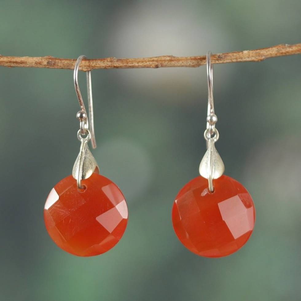 High-Polished Sterling Silver and Carnelian Dangle Earrings 'Courageous Dazzle'