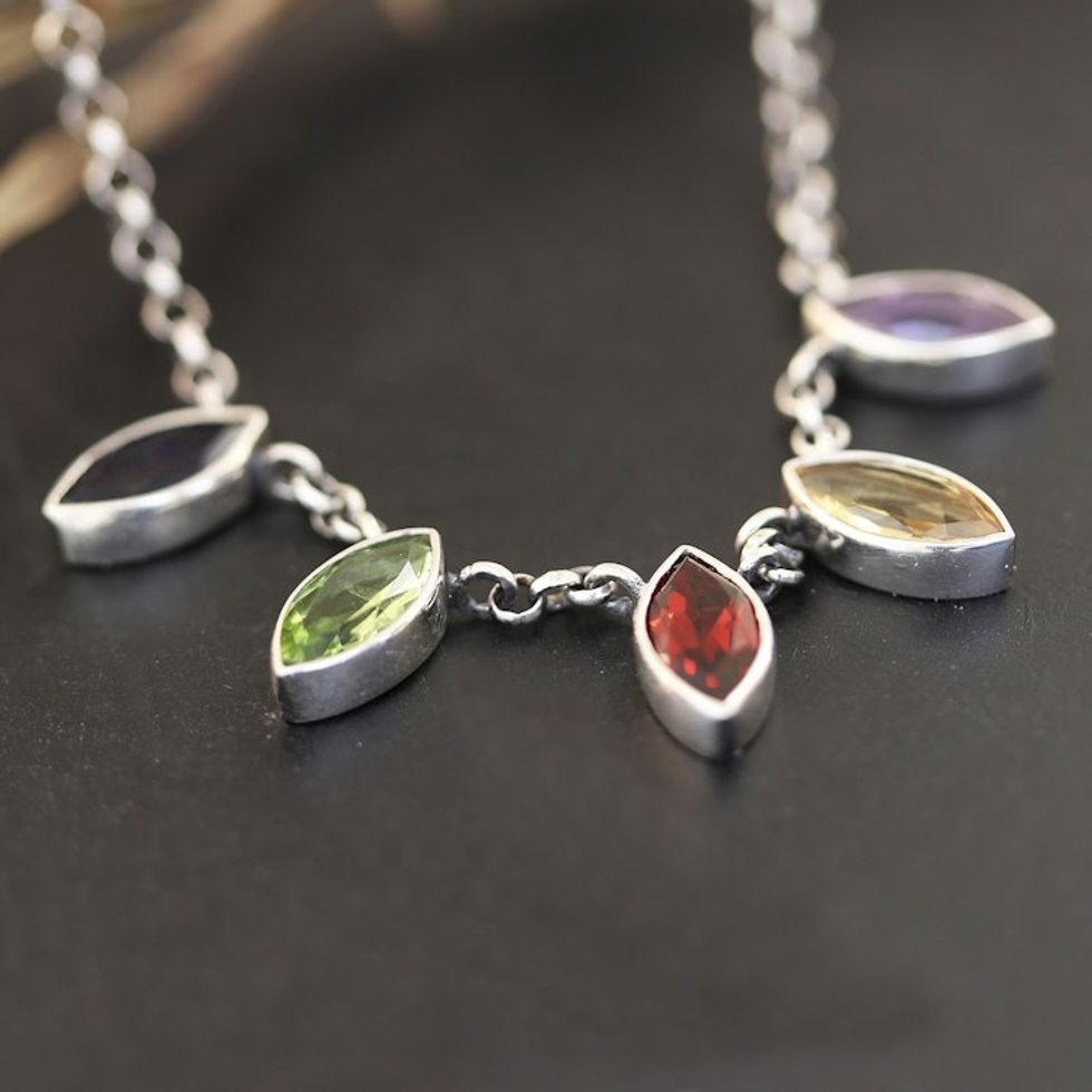 Sterling Silver Multi-Gemstone Link Necklace Made in India 'Color and Glam'