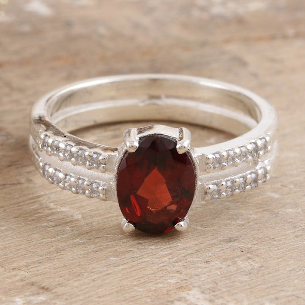 Cubic Zirconia Solitaire Ring with Faceted Garnet Stone 'Passion Catwalk'