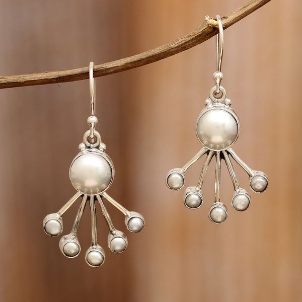Alternate image for Modern Sterling Silver Dangle Earrings with Cream Pearls Sea Crown