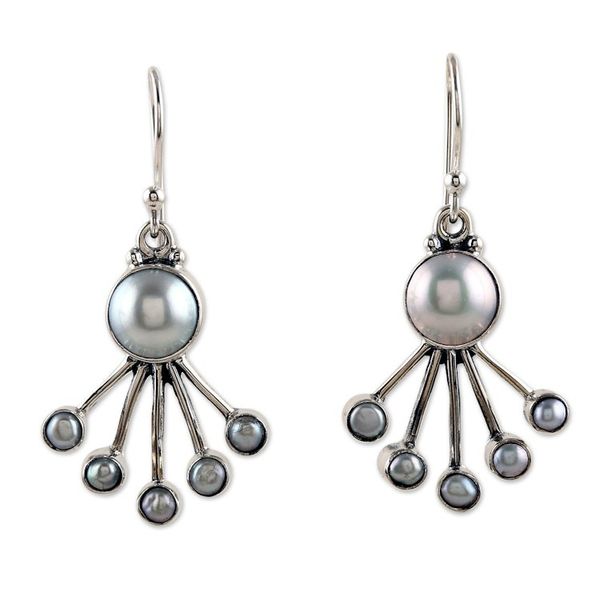 Alternate image for Modern Sterling Silver Dangle Earrings with Cream Pearls Sea Crown