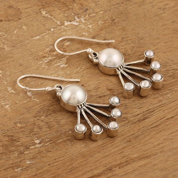 Alternate image for Modern Sterling Silver Dangle Earrings with Cream Pearls Sea Crown