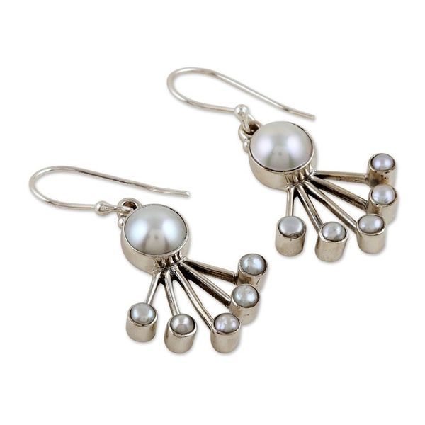 Alternate image for Modern Sterling Silver Dangle Earrings with Cream Pearls Sea Crown
