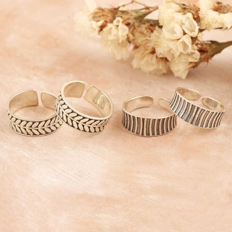 Leafy and Striped Sterling Silver Toe Rings 2 Pairs 'Leaves and Stripes'