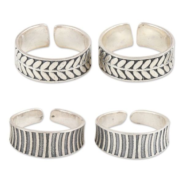 Alternate image for Leafy and Striped Sterling Silver Toe Rings 2 Pairs Leaves and Stripes