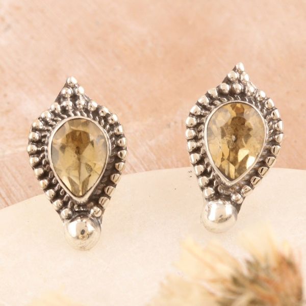 Alternate image for Sterling Silver Button Earrings with Faceted Citrine Stones Joy Drops