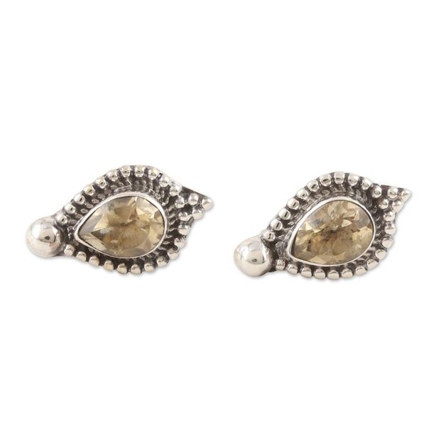 Alternate image for Sterling Silver Button Earrings with Faceted Citrine Stones Joy Drops