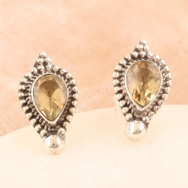 Alternate image for Sterling Silver Button Earrings with Faceted Citrine Stones Joy Drops