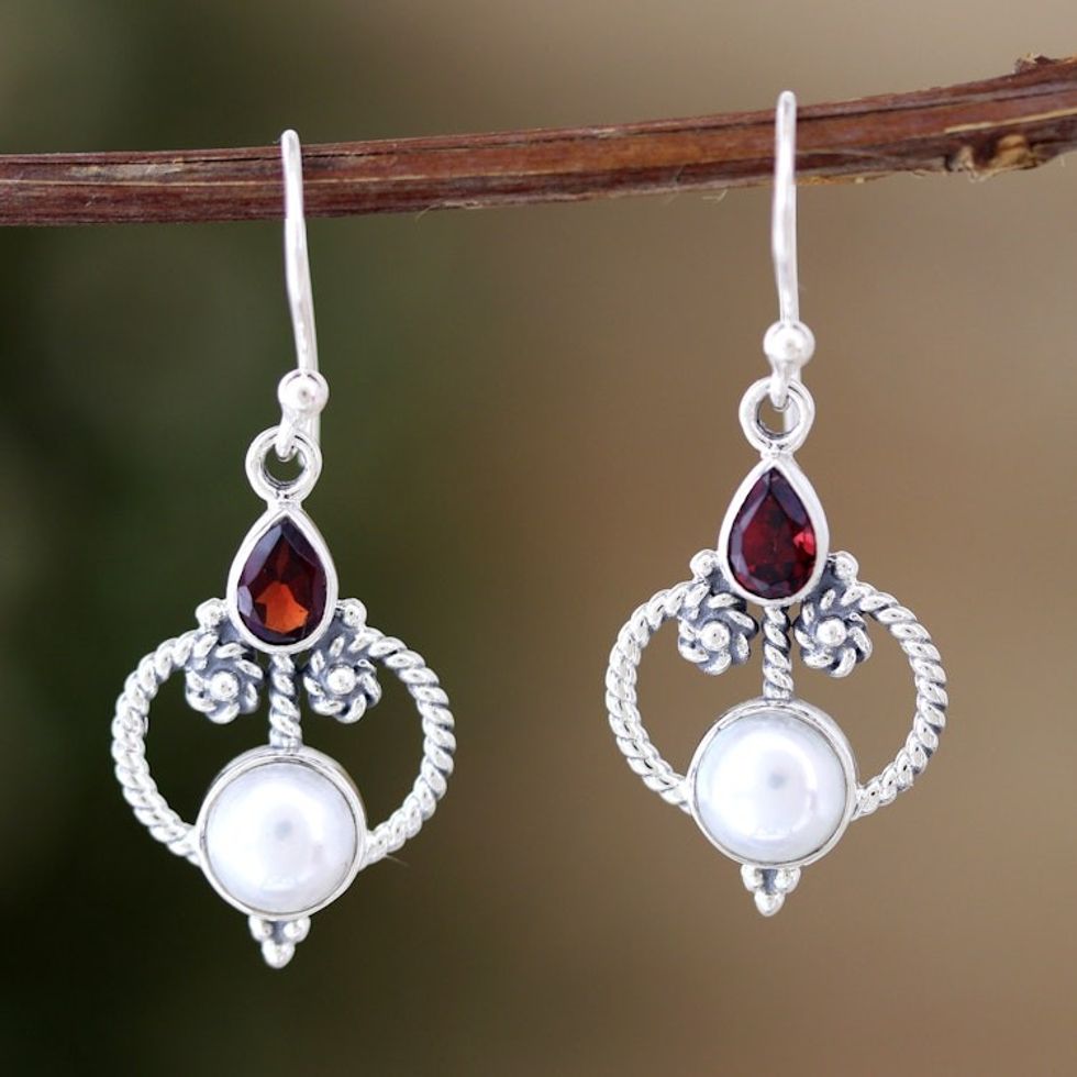 Sterling Silver Dangle Earrings with Pearls and Garnet Gems 'Crimson Mansion'