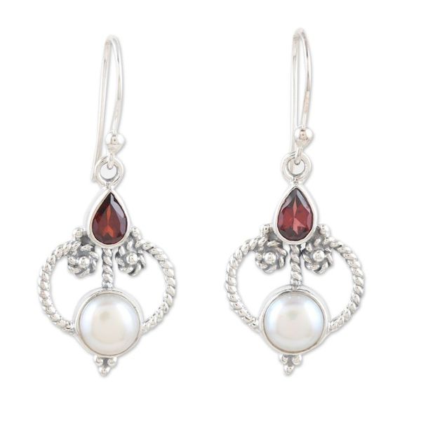 Alternate image for Sterling Silver Dangle Earrings with Pearls and Garnet Gems Crimson Mansion