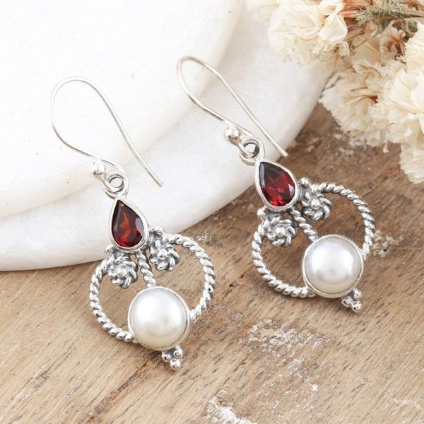 Alternate image for Sterling Silver Dangle Earrings with Pearls and Garnet Gems Crimson Mansion