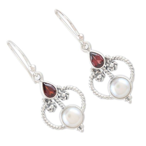Alternate image for Sterling Silver Dangle Earrings with Pearls and Garnet Gems Crimson Mansion