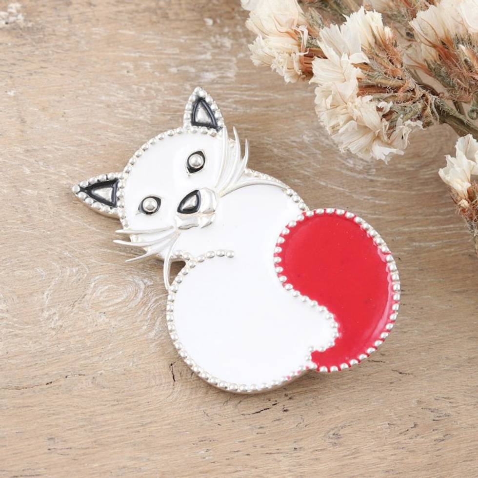 Red Cat-Themed Sterling Silver Brooch Pin from India 'Fancy Cat'