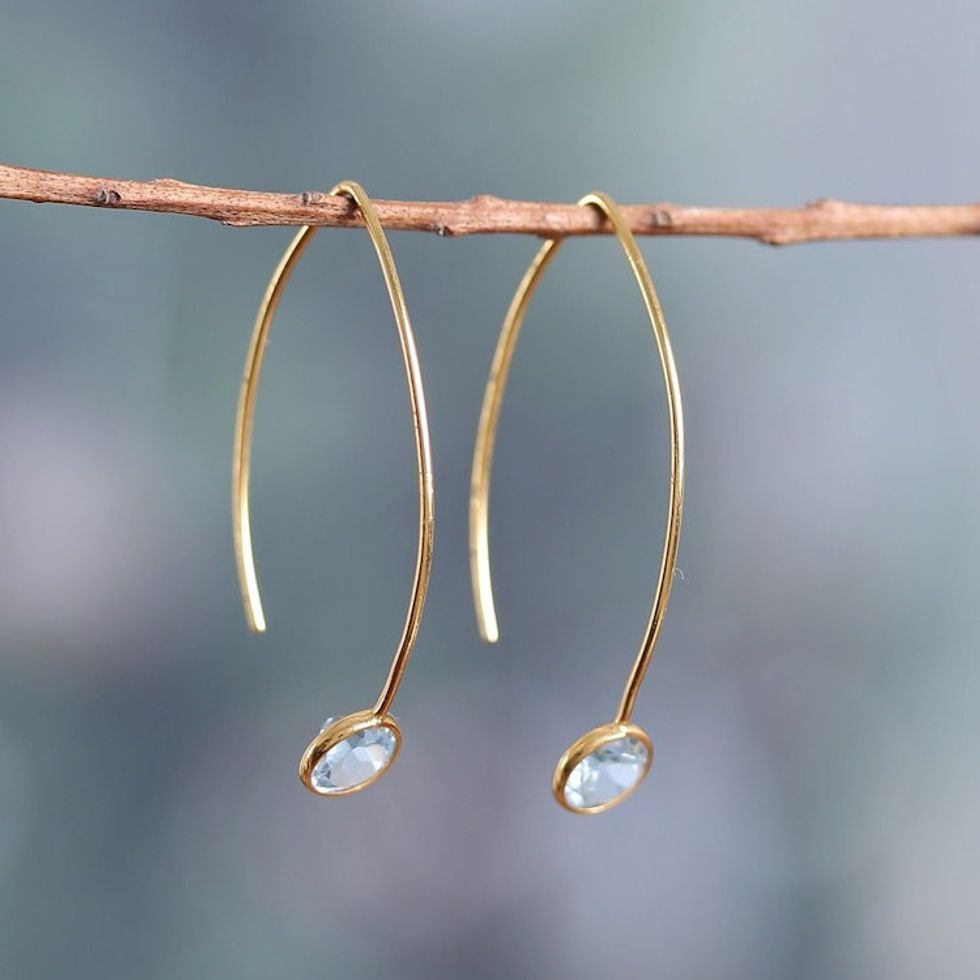18k Gold-Plated Drop Earrings with Faceted Blue Topaz Gems 'Blue Madam'